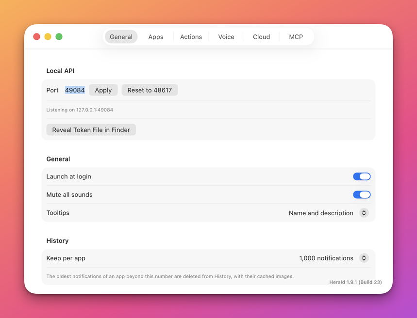 The General tab with the Local API port, the Launch at login, Mute all sounds and Tooltips controls, and Keep per app