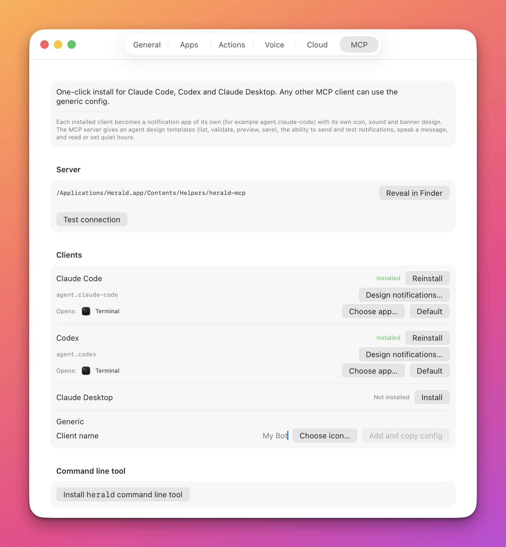 The MCP tab of Herald's Settings, listing the clients with an Install or Reinstall button for each