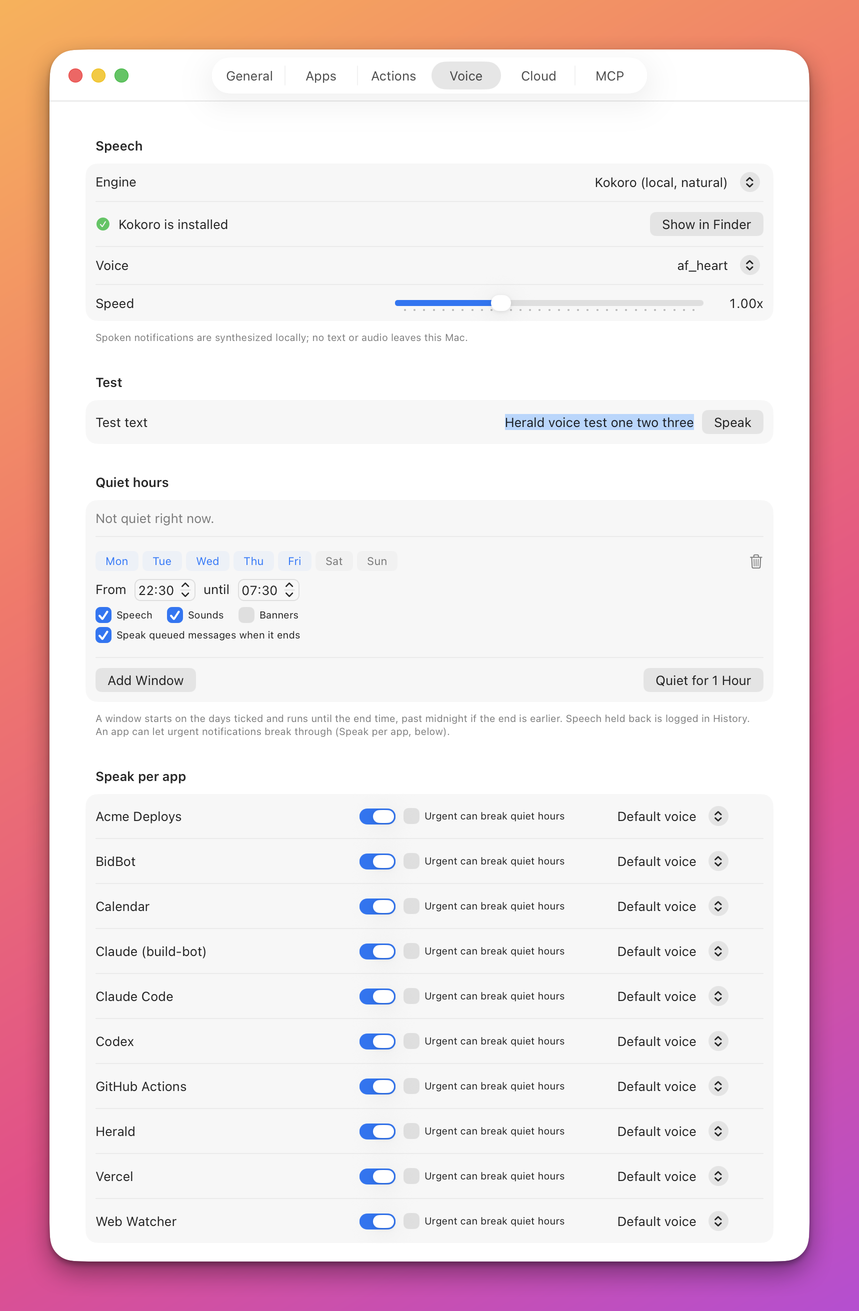 The Voice tab with the Speech section (Engine, Voice and Speed), the Test field, the Quiet hours section and the Speak per app list