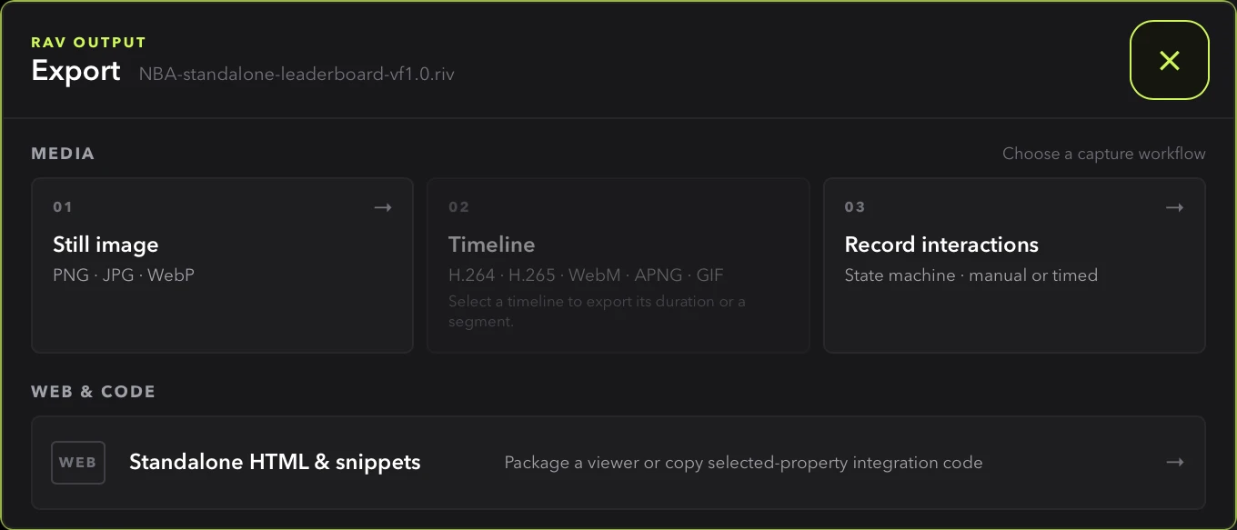 RAV Export window with compact cards for still image, timeline, interaction recording, and web code export
