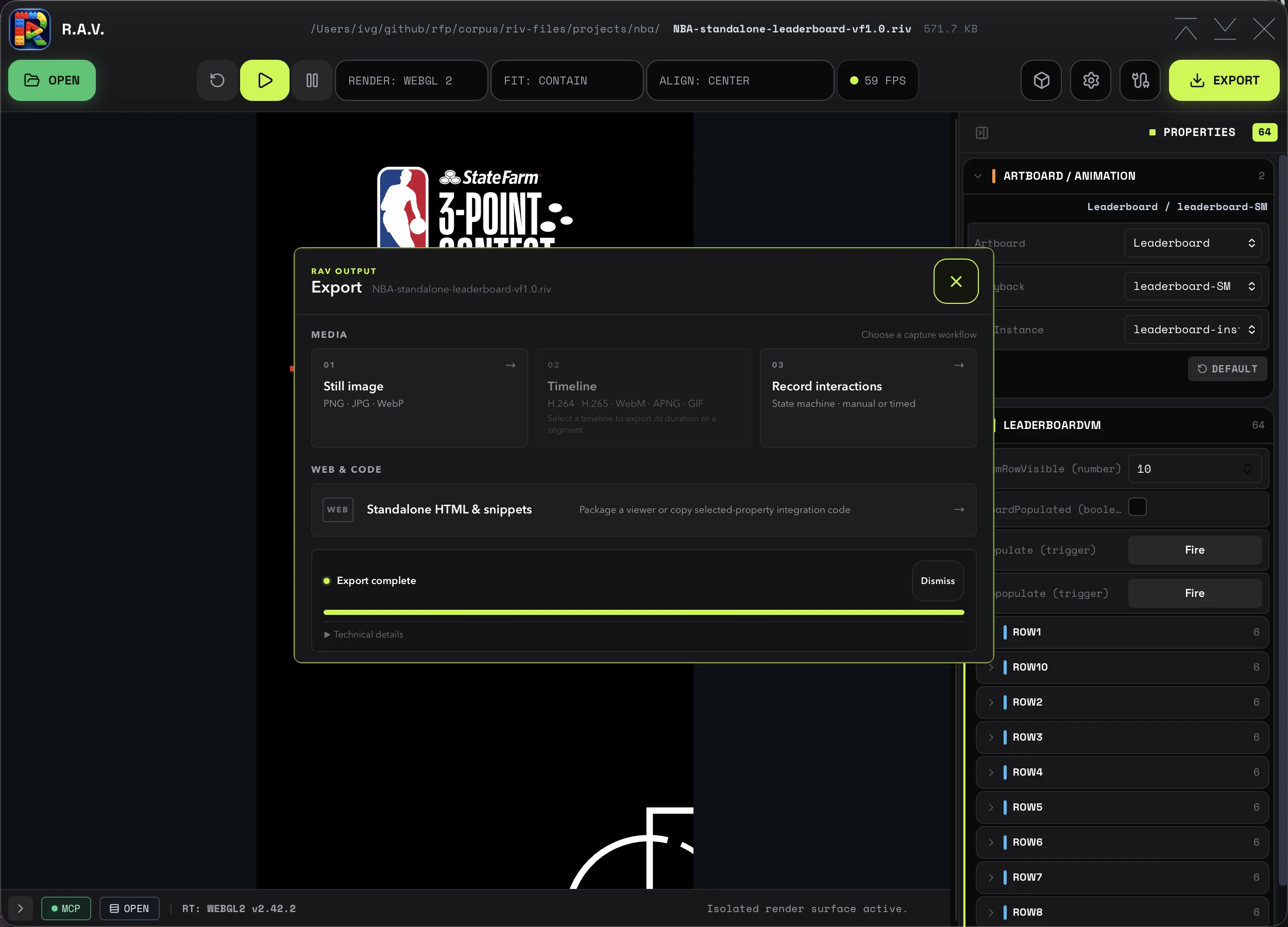 RAV bottom status bar showing media export progress with a lime progress indicator