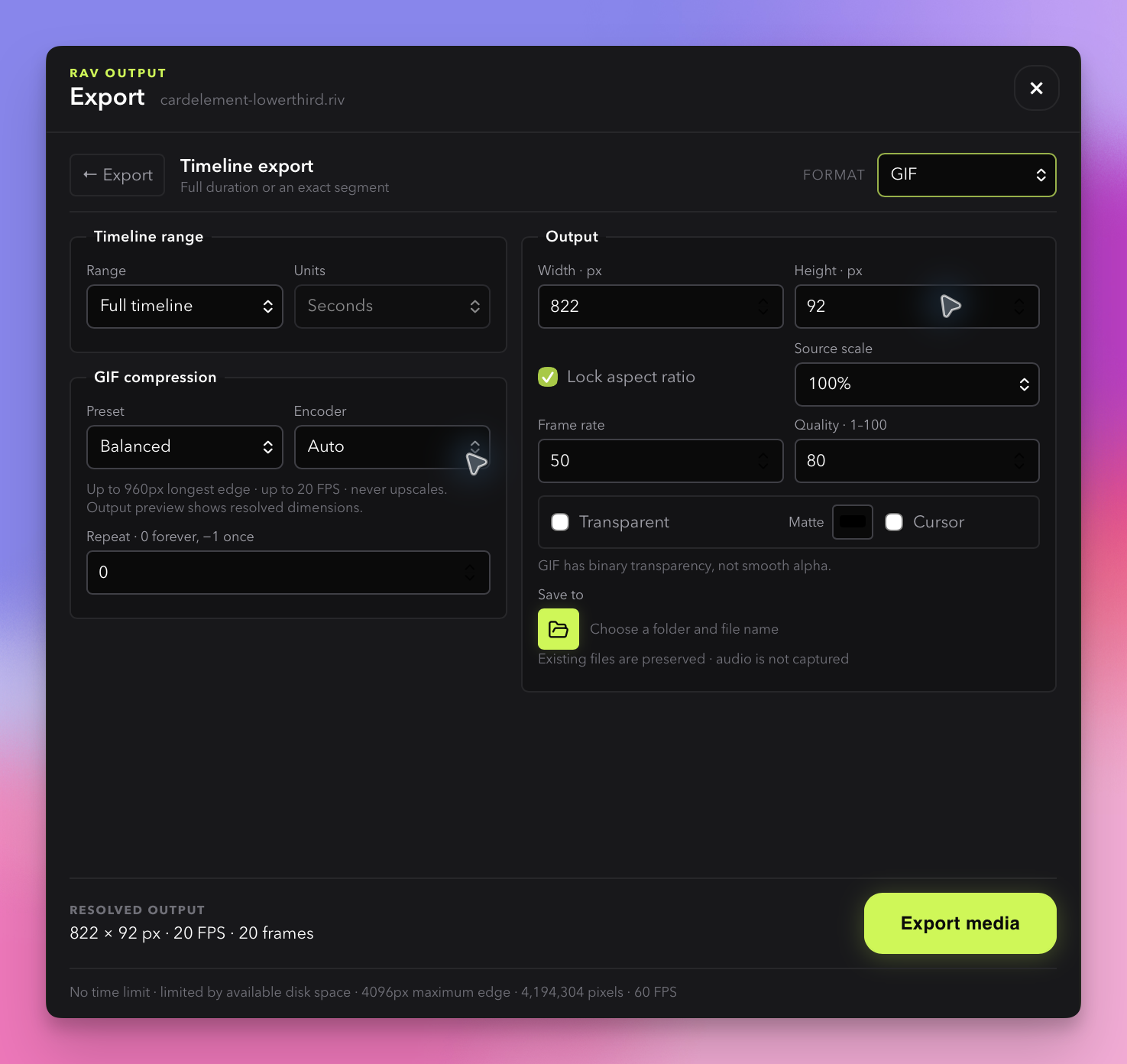 RAV GIF export settings showing preset, target-size, frame-rate, quality, repeat, and encoder controls