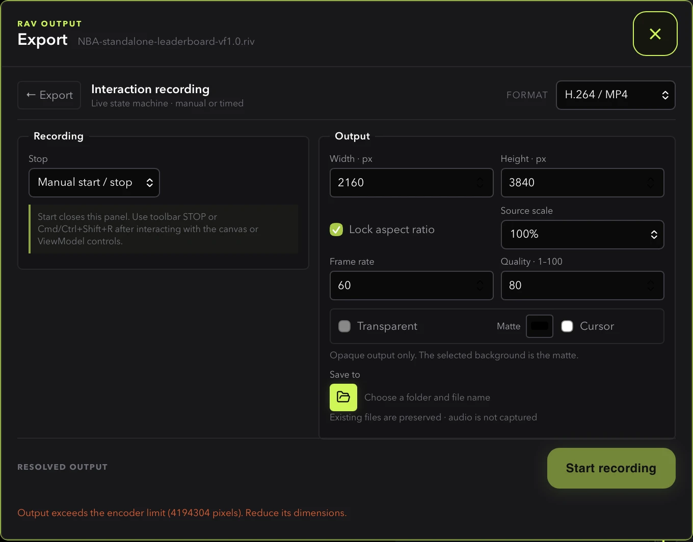 RAV interaction recording settings with manual stop, output, cursor, and save destination controls