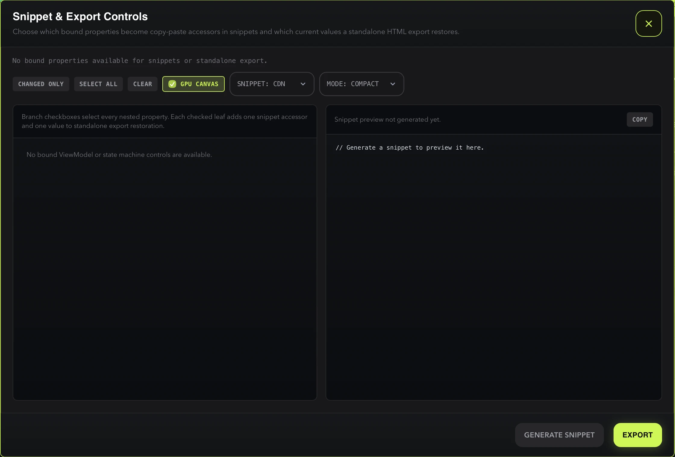 RAV snippet settings with three selected ViewModel properties and a compact CDN code preview