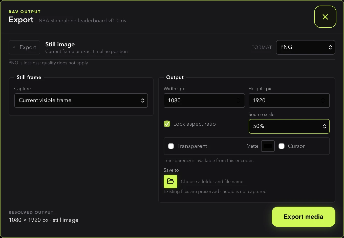 RAV still-image export settings with PNG output selected