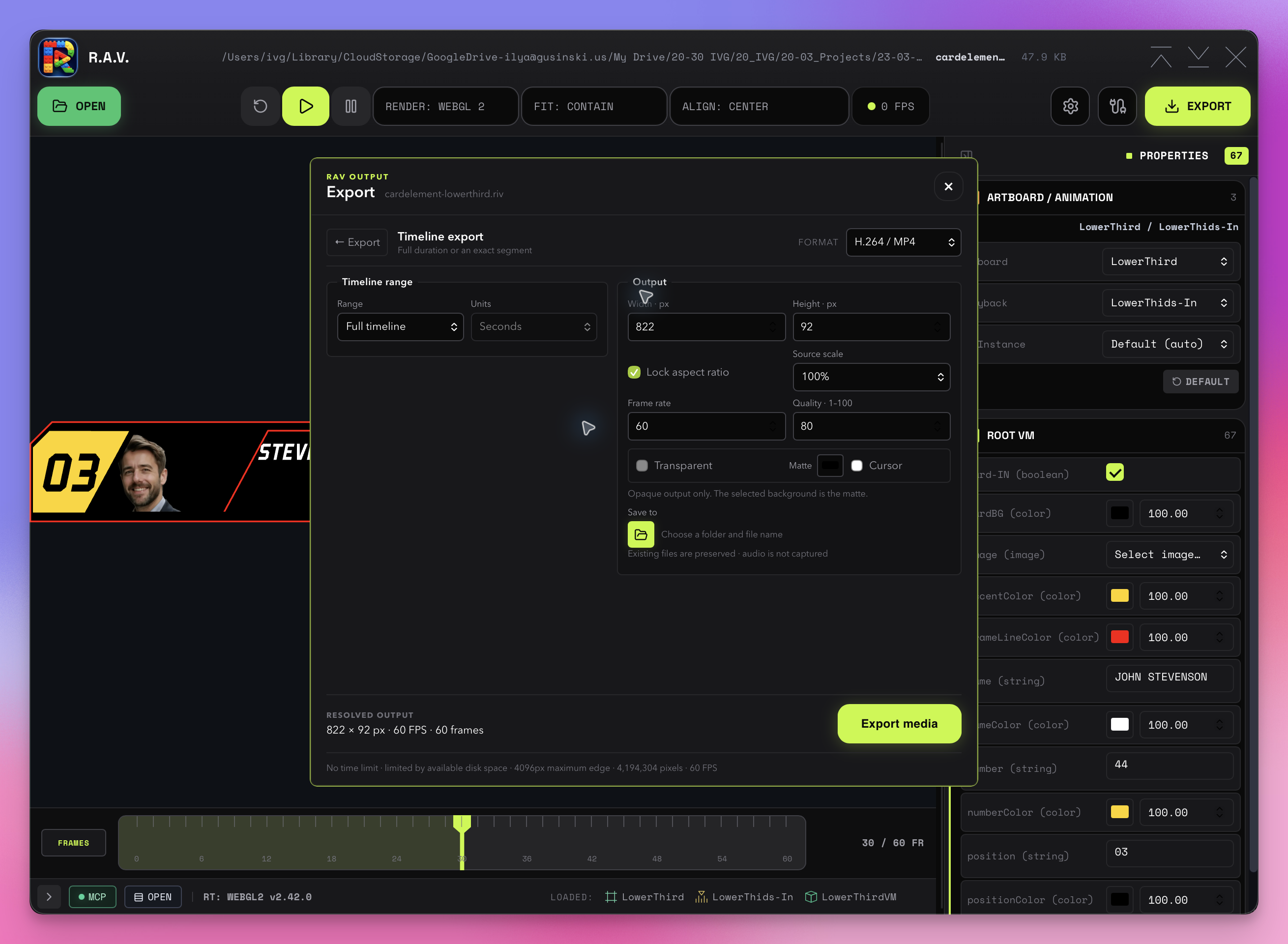 RAV timeline export settings showing full-duration range and H.264 output controls