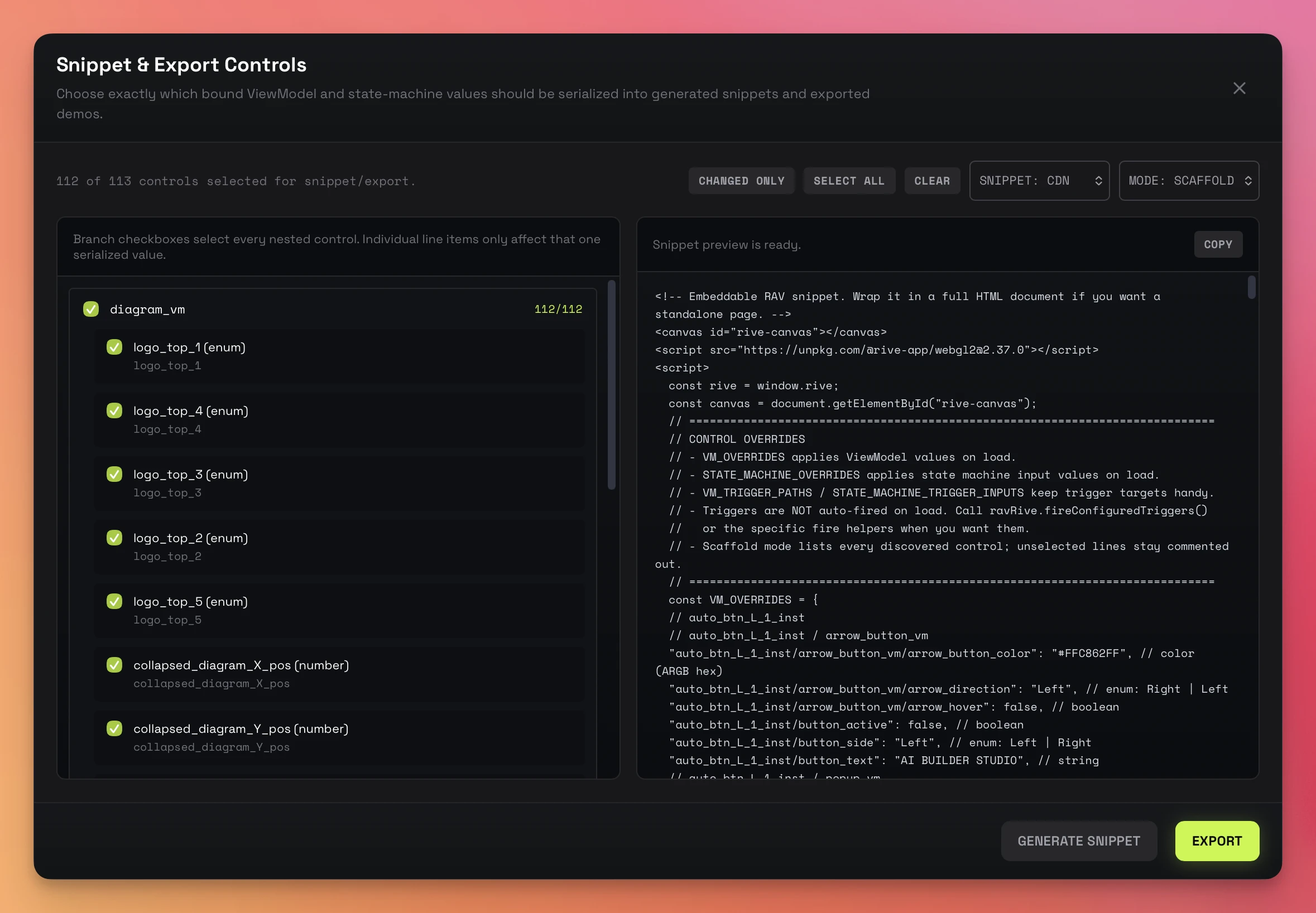 Snippet & Export Controls dialog with tree checkboxes and live code preview