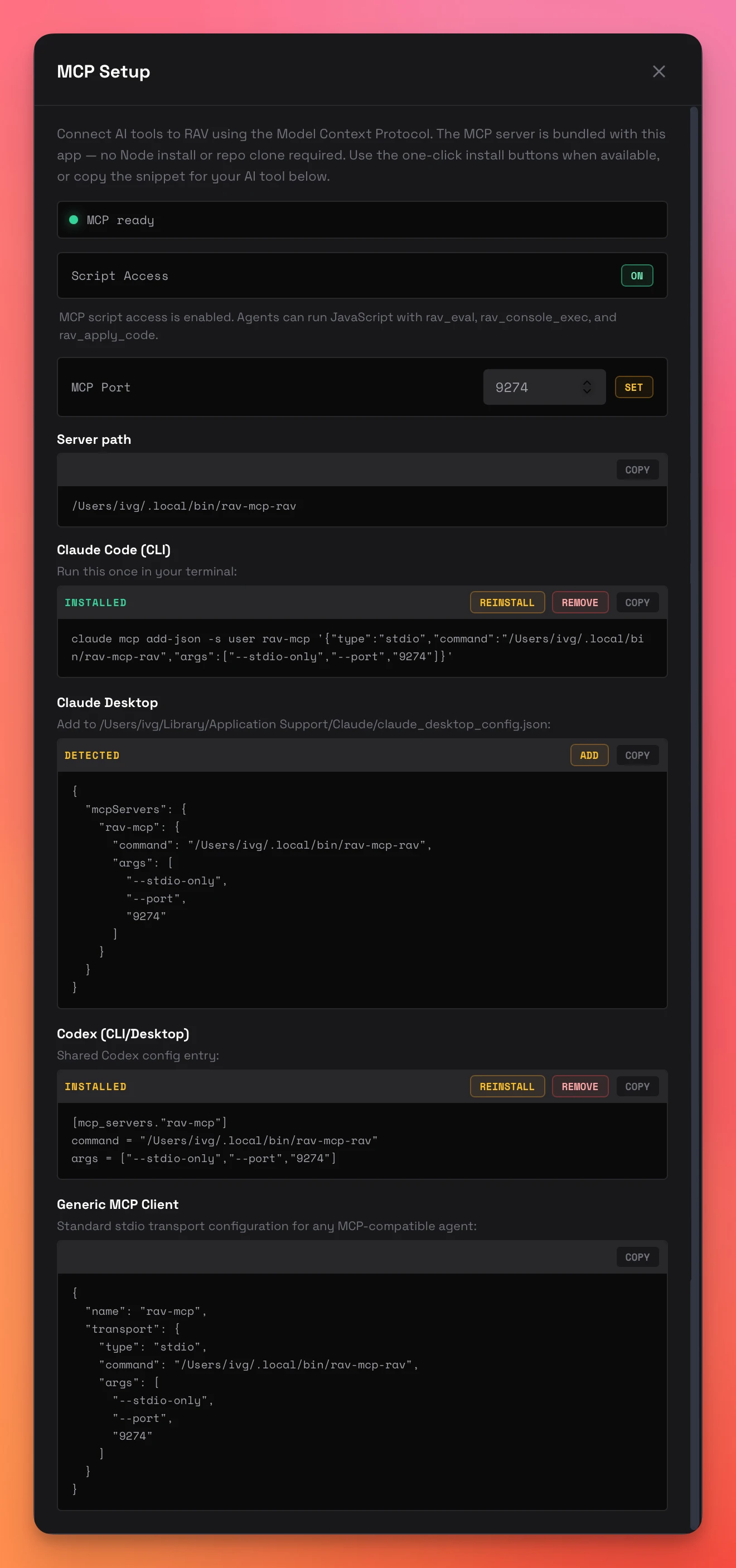 MCP Setup dialog with client detection, one-click install, and snippet copy