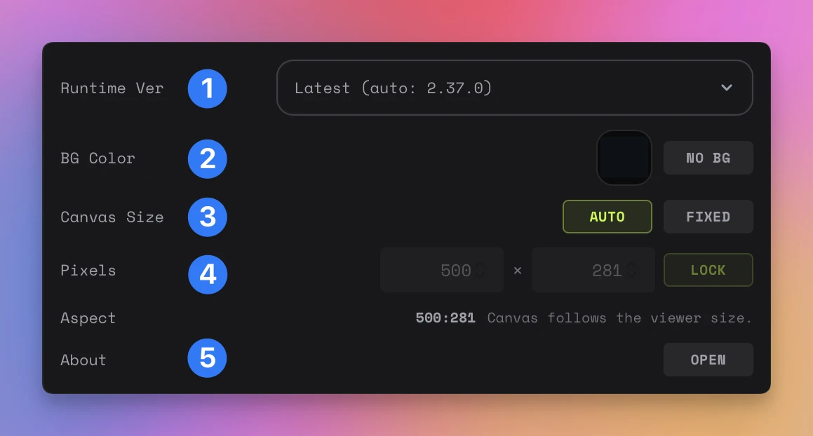 Settings panel with runtime version and canvas sizing