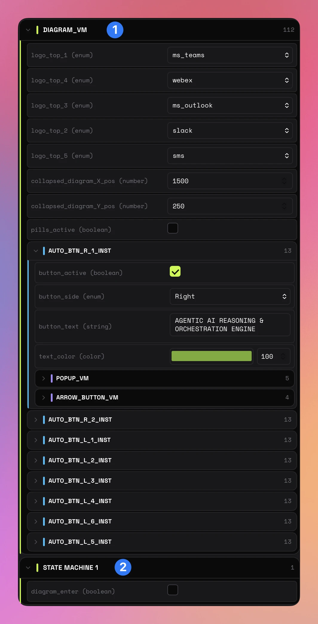 ViewModel controls panel showing enums, numbers, booleans, color picker, and nested instances