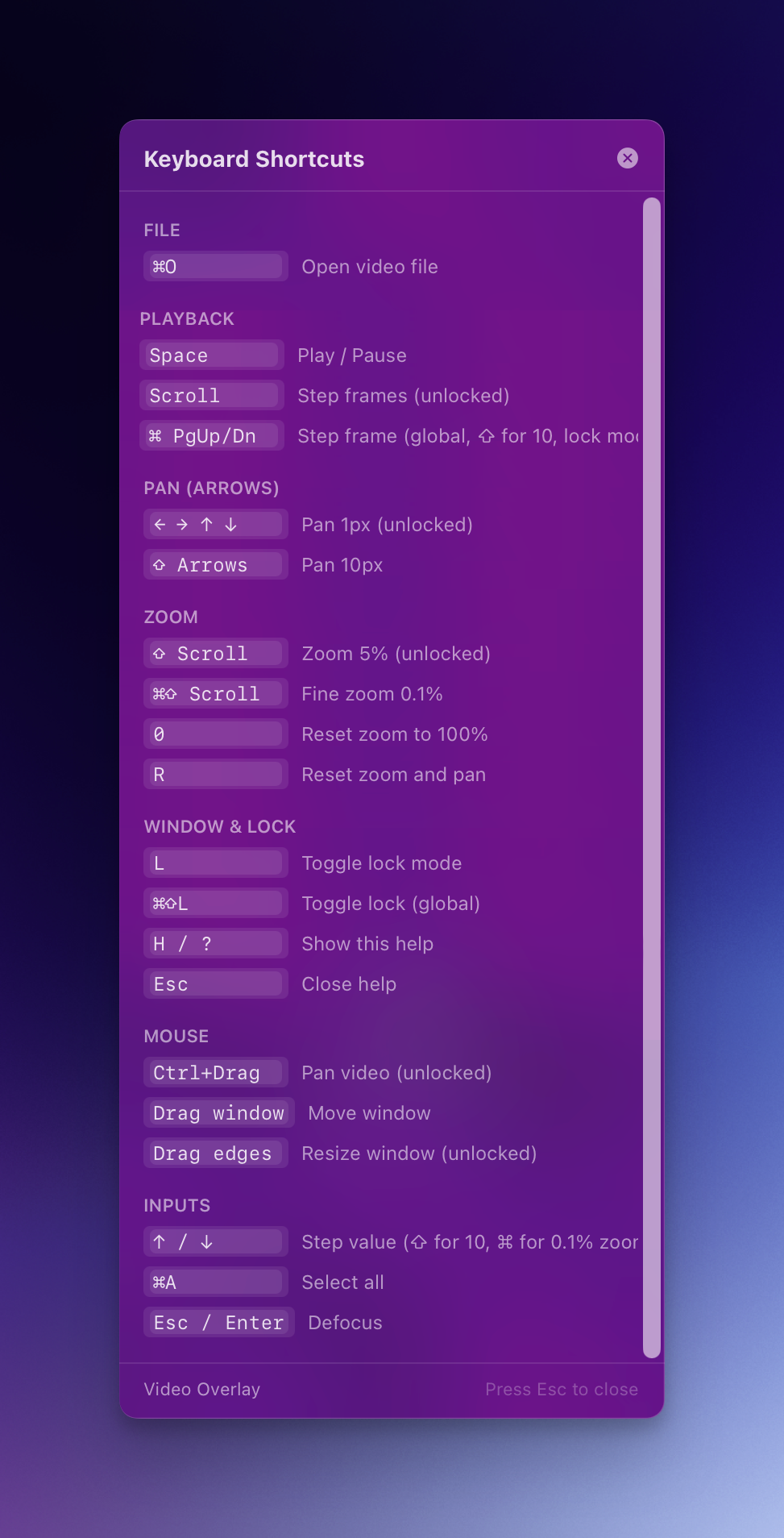 Keyboard Shortcuts Panel