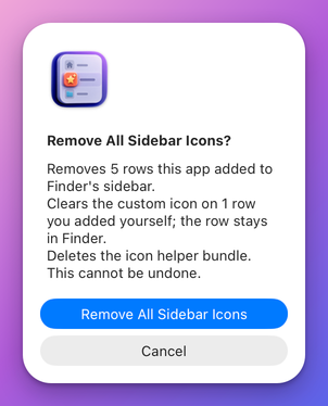 The confirmation titled Remove All Sidebar Icons? with four lines: rows removed, a custom icon cleared, the icon helper bundle deleted, and This cannot be undone, above the buttons Remove All Sidebar Icons and Cancel