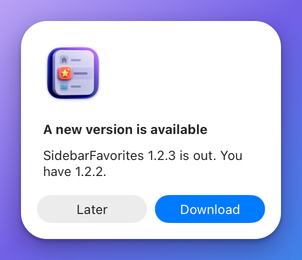 An alert titled A new version is available, with a line naming the release that is out and the one you have, and the buttons Later and Download
