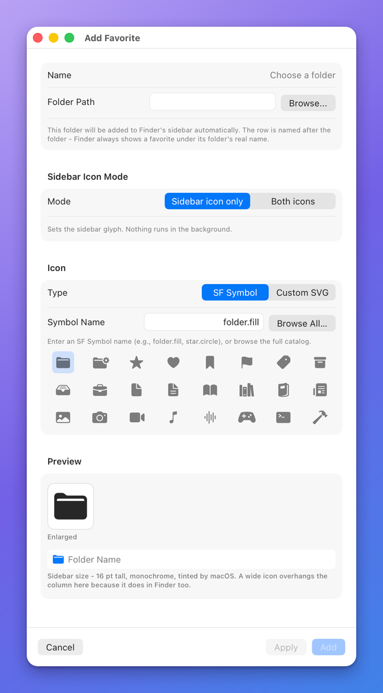 The Add Favorite window with no folder chosen: Name, Folder Path with a Browse button, the Mode switch, the icon Type switch, a Symbol Name field with Browse All, a grid of quick-pick symbols and a Preview