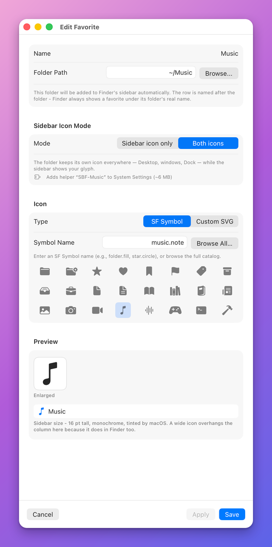 The editor with Mode set to Both icons: a line saying the folder keeps its own icon everywhere while the sidebar shows your glyph, and a line naming the helper SBF-Music