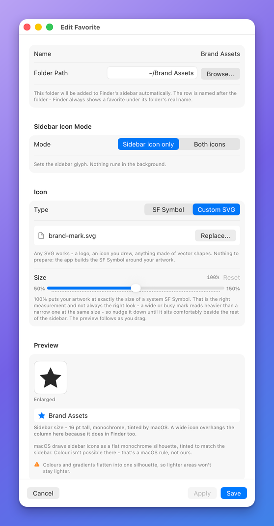 The editor with Type set to Custom SVG: the file brand-mark.svg with a Replace button, the Size slider at 100% with Reset, an enlarged star in the Preview, a sidebar row preview and a warning with an orange triangle