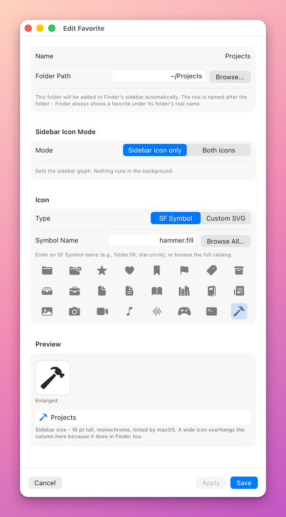 The editor for the folder Projects with hammer.fill in Symbol Name, the hammer highlighted in the quick-pick grid and a hammer in the Preview