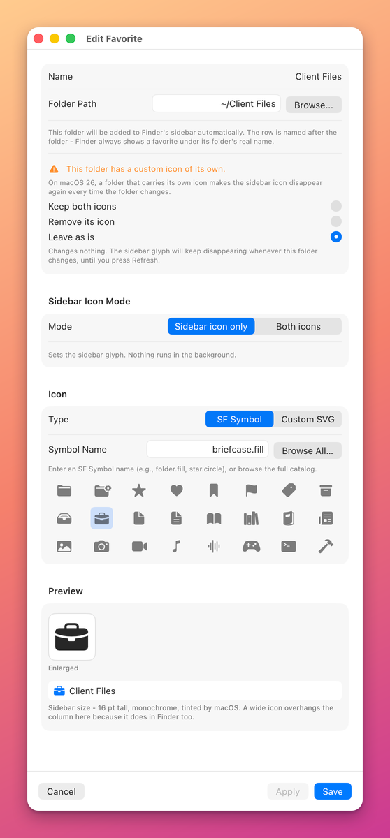 The editor for a folder with its own icon: an orange notice that the folder has a custom icon of its own, an explanation, and three choices, Keep both icons, Remove its icon and Leave as is