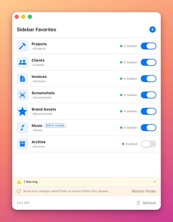 The manager window with two banners above the footer: a collapsed 1 Warning banner and an orange banner saying some icon changes need Finder to restart, with a Restart Finder button