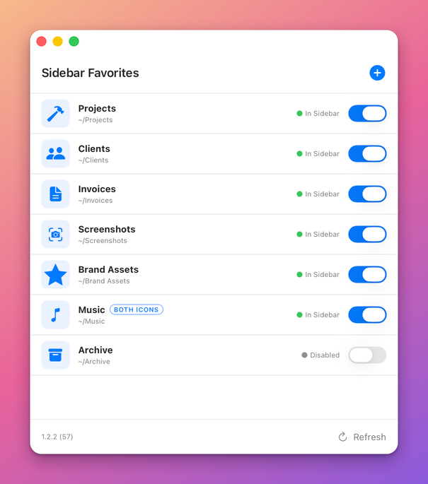 The manager window listing seven favorites, each with its icon, folder path, an In Sidebar or Disabled status and a switch, with a plus button at the top right and Refresh in the footer