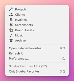 The menu bar menu: seven favorites with their icons, then Open SidebarFavorites, Refresh All and Preferences with their shortcuts, then the version line and Quit SidebarFavorites
