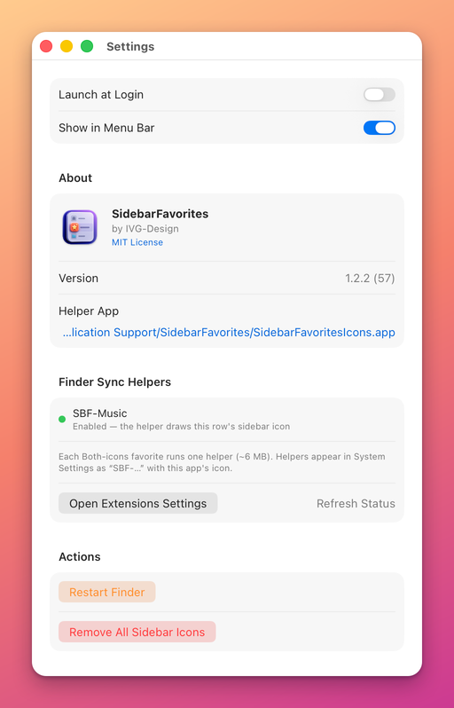 The Settings window with a Finder Sync Helpers group: one row, SBF-Music, with a green dot and an Enabled status line, then the Open Extensions Settings and Refresh Status buttons