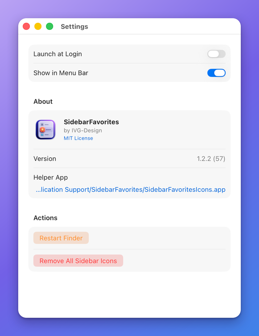 The Settings window: the Launch at Login and Show in Menu Bar switches, an About group with the app name, MIT License, Version and Helper App, and an Actions group with Restart Finder and Remove All Sidebar Icons