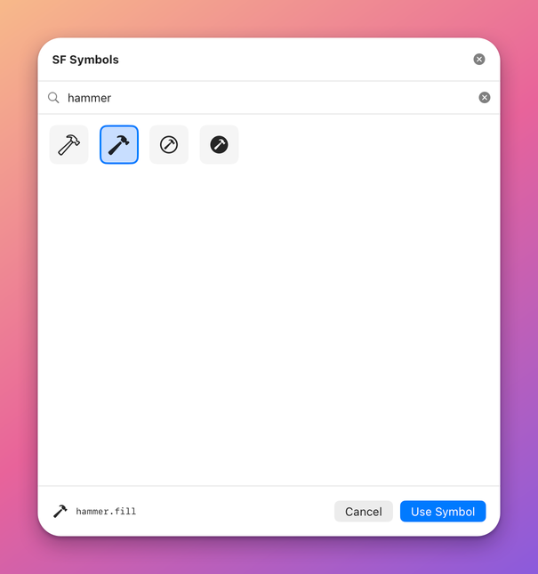 The SF Symbols sheet with a search term typed in the search field, a grid of matching symbols with one selected and its name shown at the bottom left, and Cancel and Use Symbol buttons