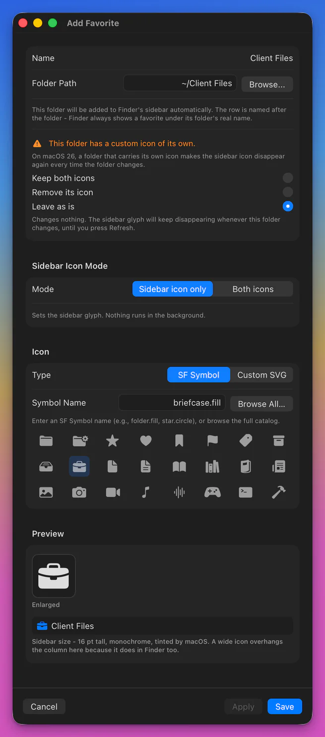 Cropped from the Add Favorite editor: a warning that this folder has a custom icon of its own, above the three choices Keep both icons, Remove its icon and Leave as is