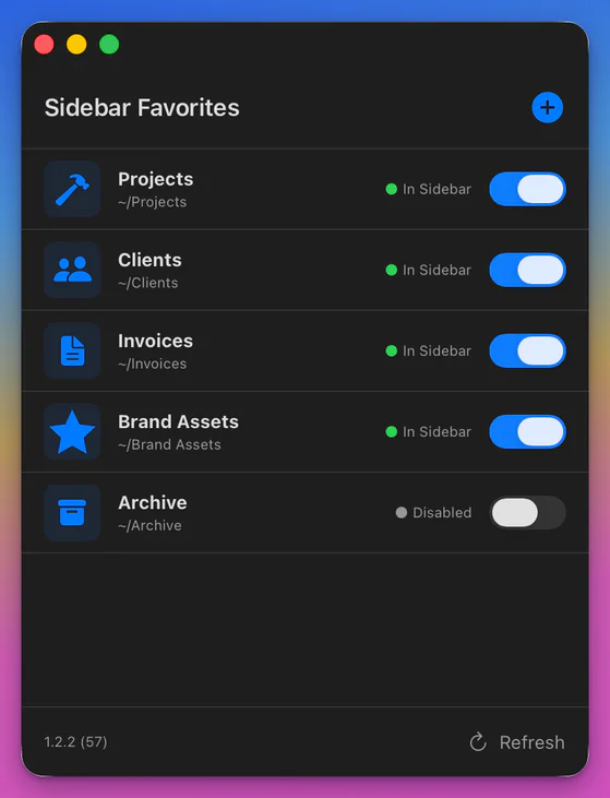 The SidebarFavorites manager window listing folders, each with its icon and an In Sidebar toggle