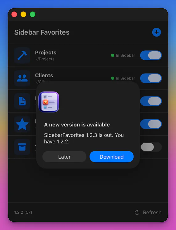 The update notice over the manager window: a new version is available, with Later and Download buttons.