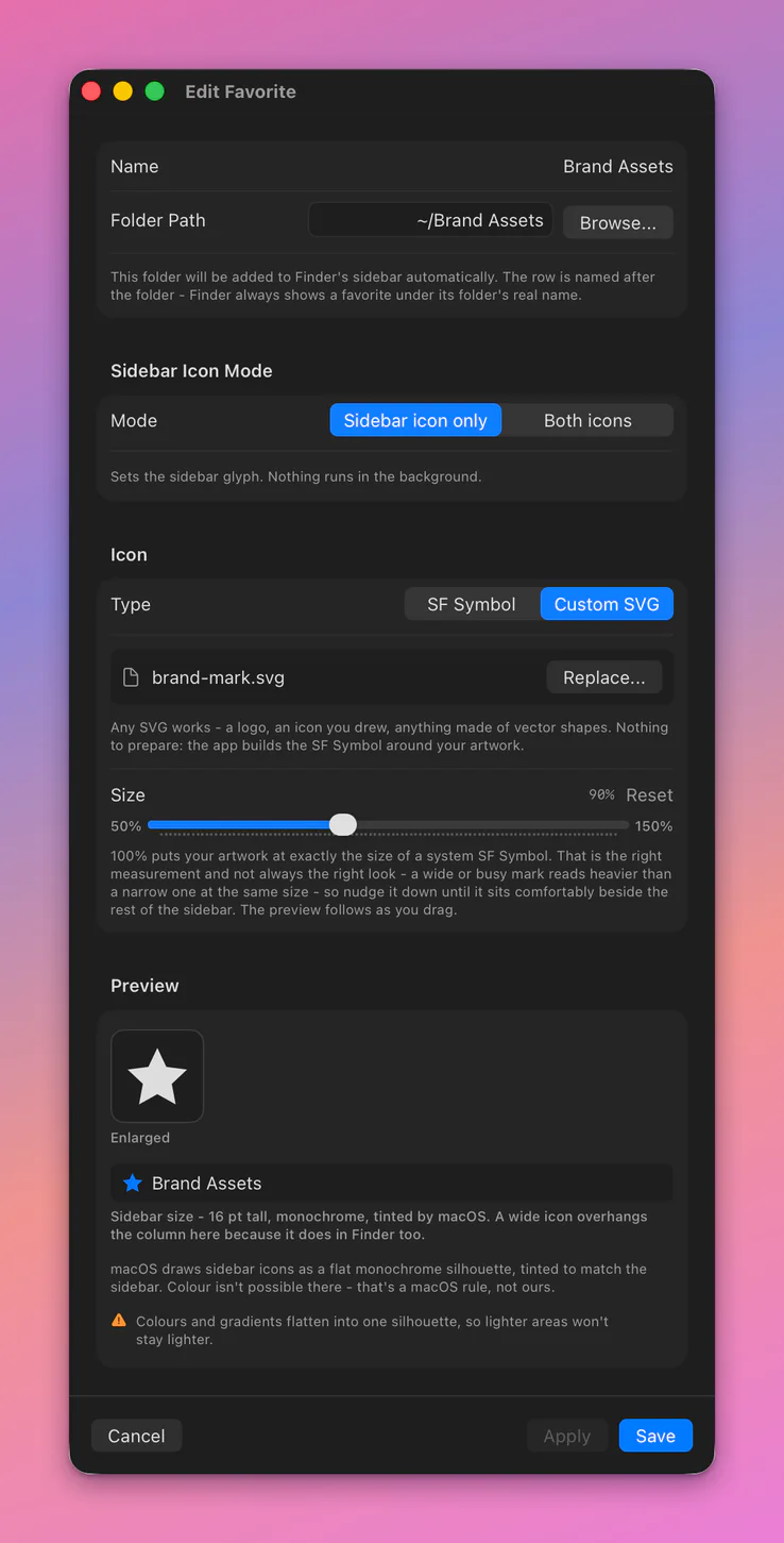 The app's Edit Favorite window with a custom star mark: the Size slider at 90 percent, and the Preview with the enlarged icon and a mock sidebar row