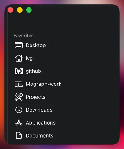 A real Finder sidebar with custom icons: Desktop, home, github, Mograph-work, Projects, Downloads, Applications, Documents
