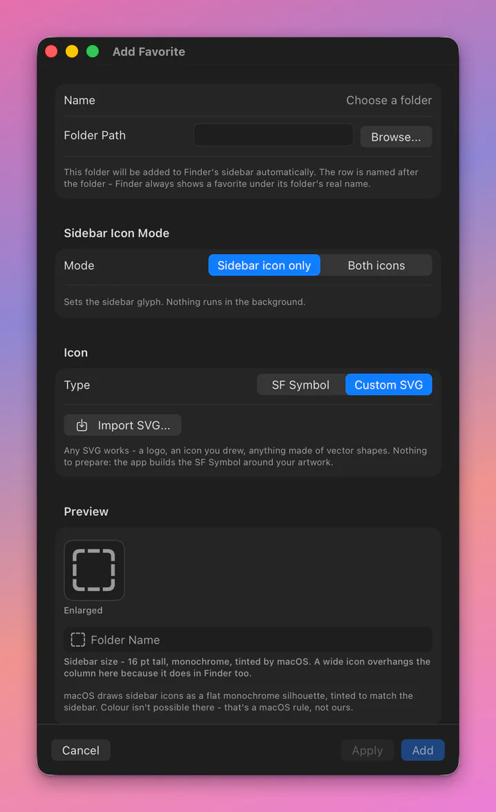 The app's Add Favorite window in Custom SVG mode: an Import SVG… button and an empty Preview with a dashed placeholder tile