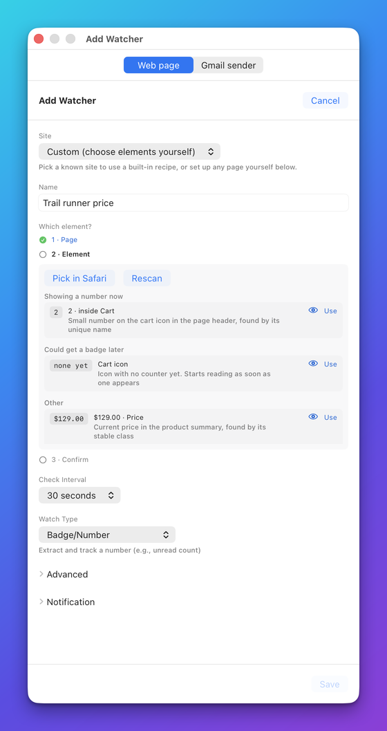 Step 2 Element: the Pick in Safari and Rescan buttons above a list of candidates grouped under Showing a number now, Could get a badge later and Other, each row with an eye button and Use