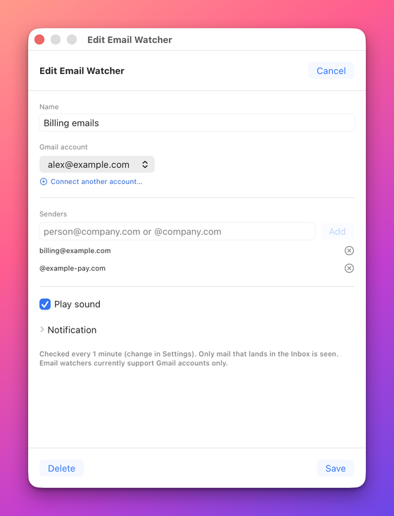 The Gmail sender watcher editor in WebWatcher