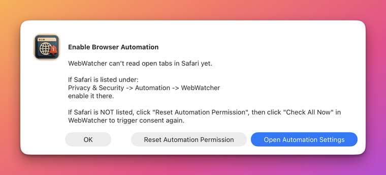 The Enable Browser Automation alert: WebWatcher can't read open tabs in Safari yet, the Privacy and Security path, and the buttons OK, Reset Automation Permission and Open Automation Settings