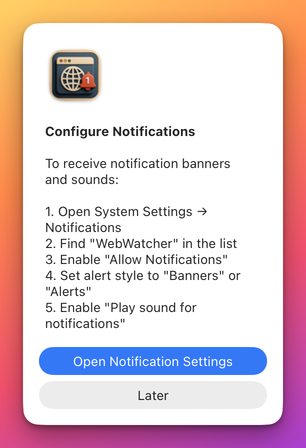 The Configure Notifications dialog with five numbered steps for System Settings and the buttons Open Notification Settings and Later