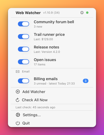 The WebWatcher popover after new mail: an Email group with one Gmail watcher, the line 3 unread with the time of the latest message, and a blue badge with 3
