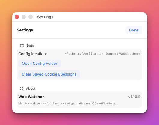 The Data group with Config location, Open Config Folder and Clear Saved Cookies/Sessions, and the About group with the name Web Watcher and a version number