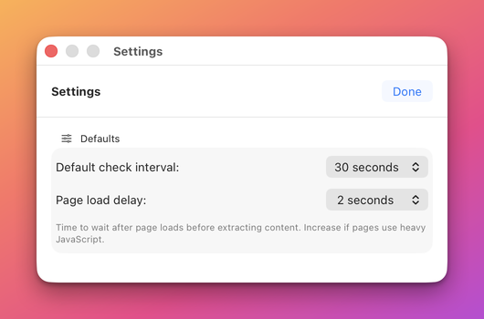 The Defaults group: Default check interval set to 30 seconds and Page load delay set to 2 seconds, with a caption about heavy JavaScript