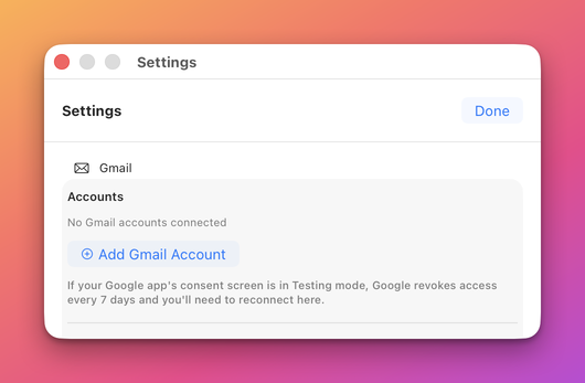 The Gmail group of Settings with no account: the line No Gmail accounts connected, and the Add Gmail Account button