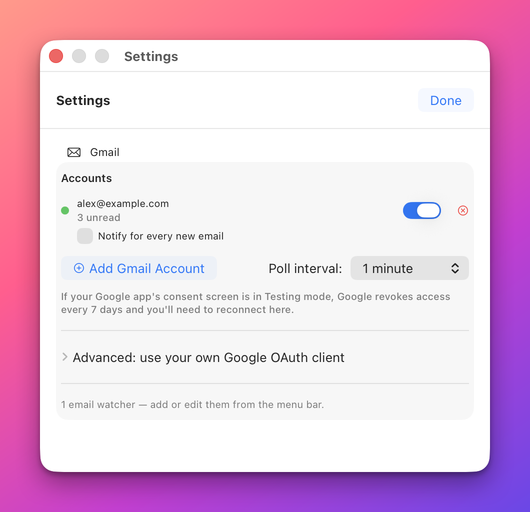 The Gmail group with one connected account showing 3 unread, a switch and a red remove button, the Notify for every new email checkbox, Add Gmail Account, the Poll interval picker and the collapsed Advanced row