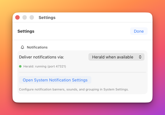 The Notifications group: the Deliver notifications via picker set to Herald when available, the status line Herald: running (port 47321), and the Open System Notification Settings button