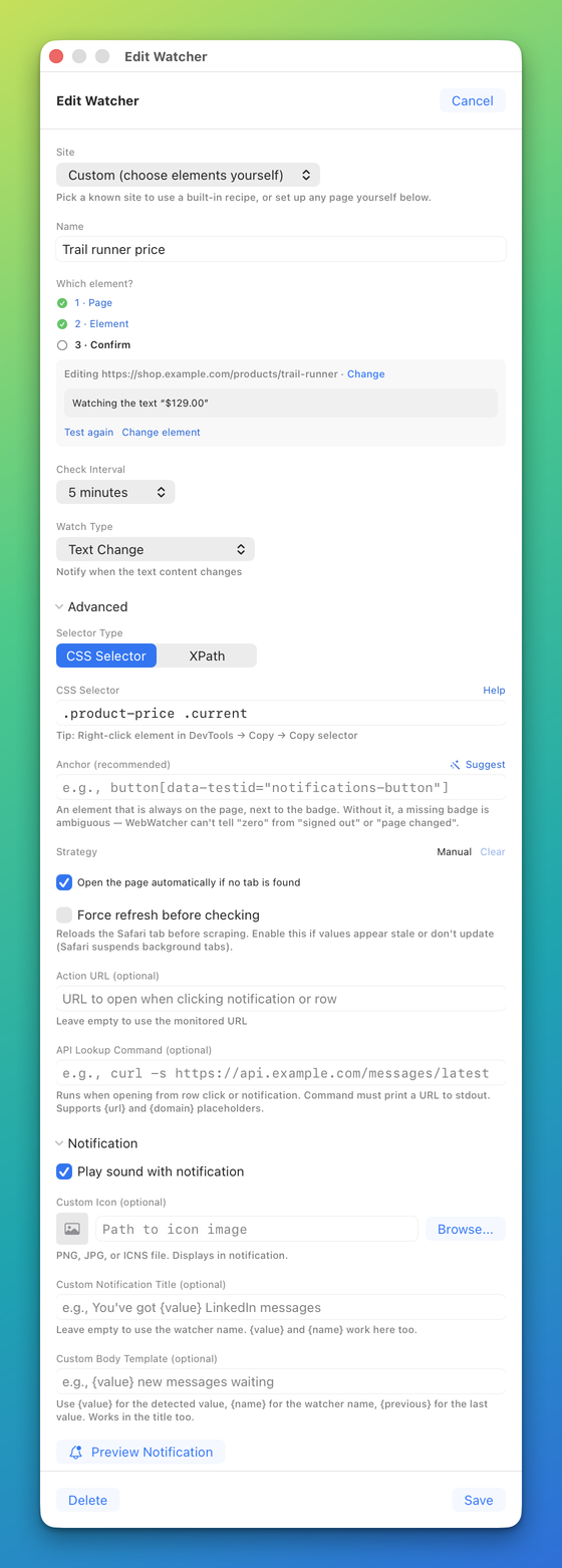 The Edit Watcher window with Advanced and Notification expanded: Selector Type, CSS Selector, Anchor, Strategy, the Open the page automatically checkbox, Force refresh before checking, Action URL and API Lookup Command