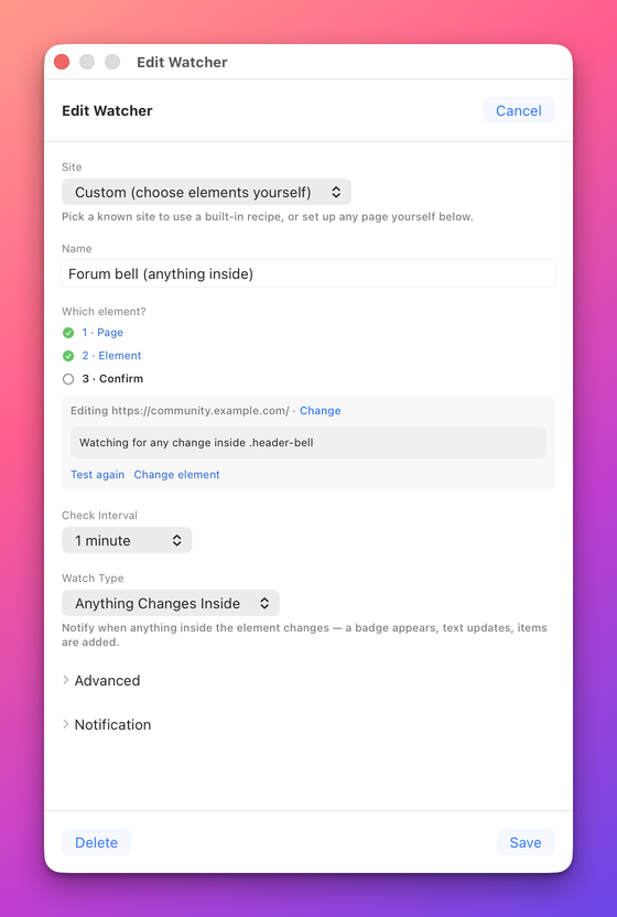 The Edit Watcher window for a bell with no number: the Confirm card reads Watching for any change inside .header-bell and Watch Type is Anything Changes Inside